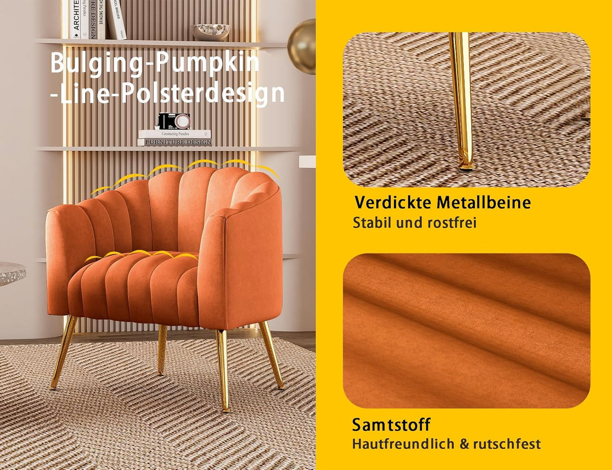 Extra grote pompoen-accentstoel, moderne comfortabele fluwelen bekleding, luxe enkele stoel voor woonkamer, wachtkamer, kantoor en kaptafel, oranje