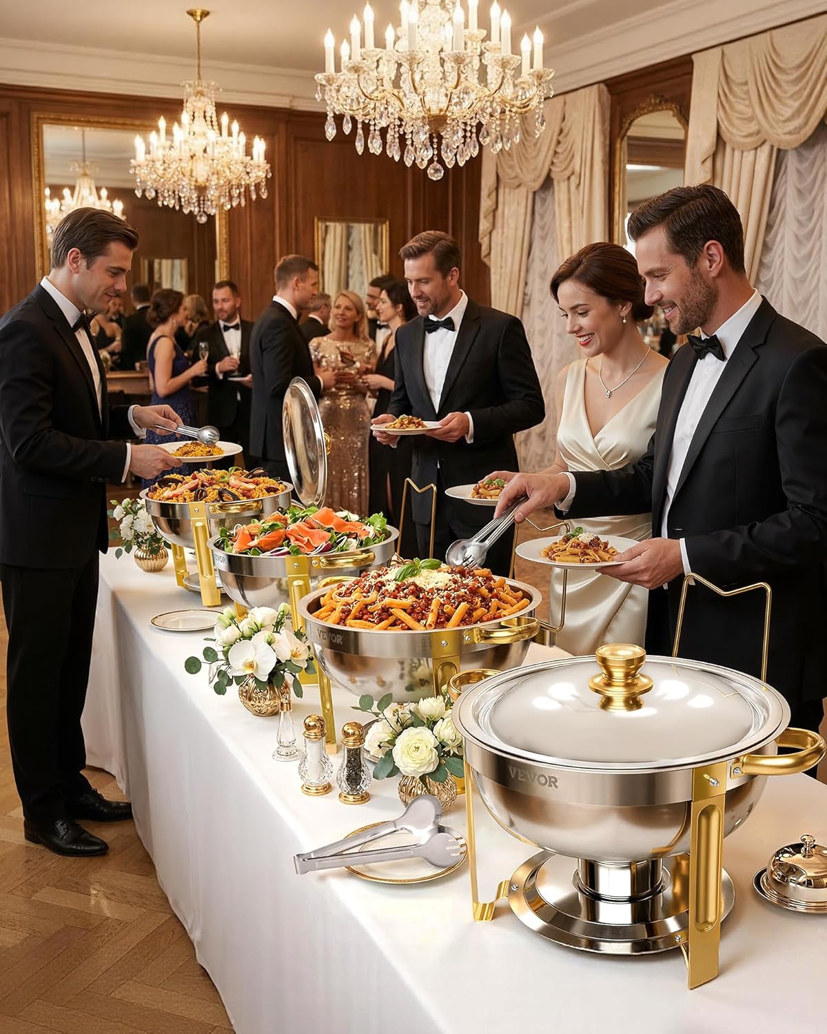 VEVOR Buffetwarmer met 4 containers in volledige grootte (elk 4,7 l), rond, voor catering, met deksel, waterschaal en opvouwbare standaard, voor bruiloften en feesten, goudkleurig