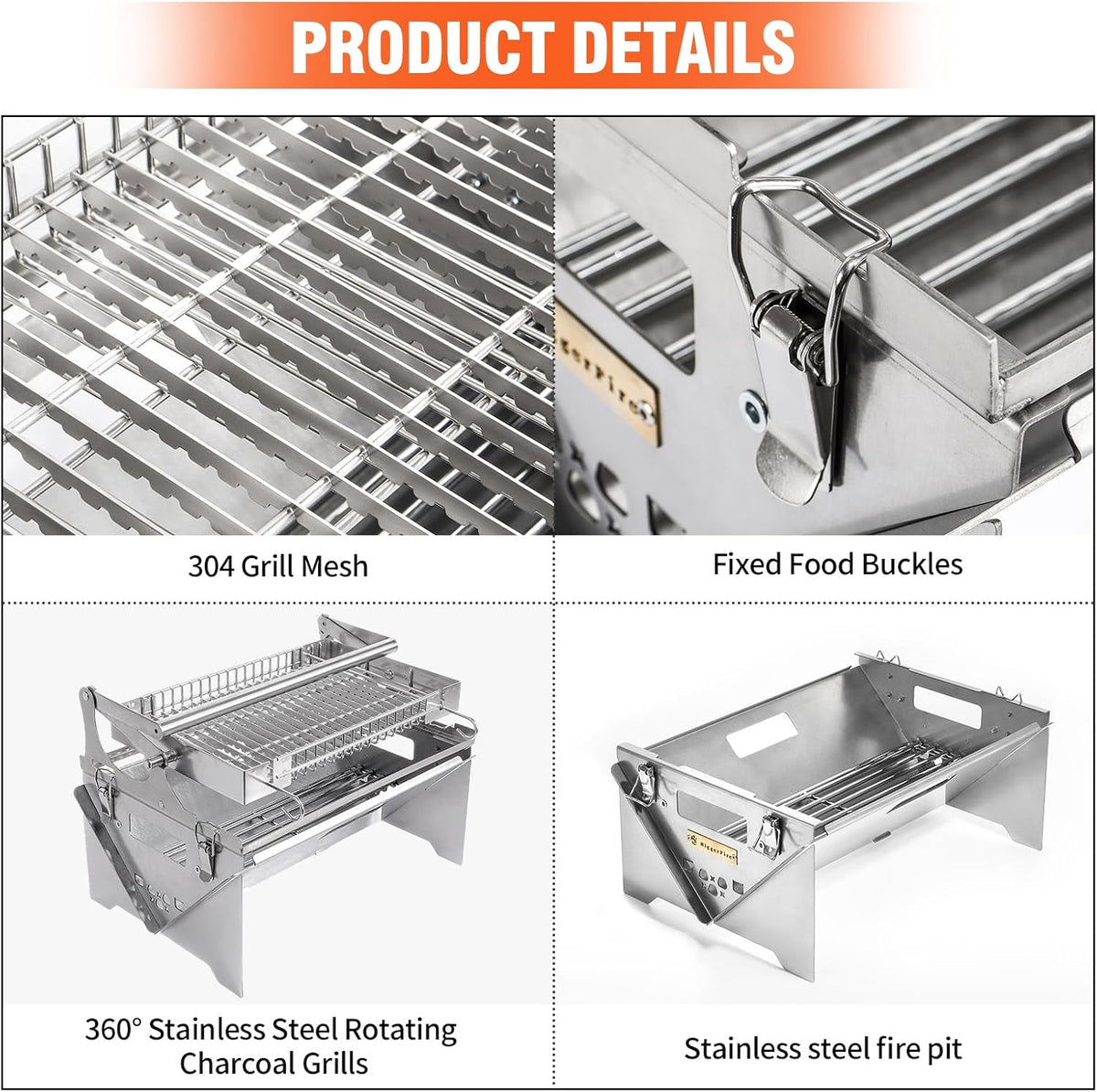 Barbecuegrill, draagbare barbecuegrill voor buiten, roestvrijstalen houtskoolgrill, opvouwbare BBQ-roker voor picknick, tuin, terras, camping, reizen, wandelen