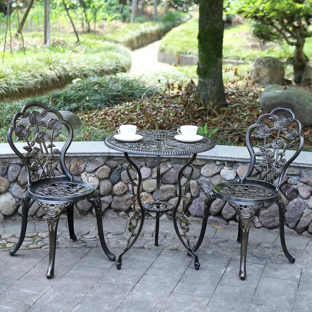 Outdoor meubels bistroset met rozenpatroon 1 tafel 2 stoelen voor tuin patio veranda (roze-antiek)