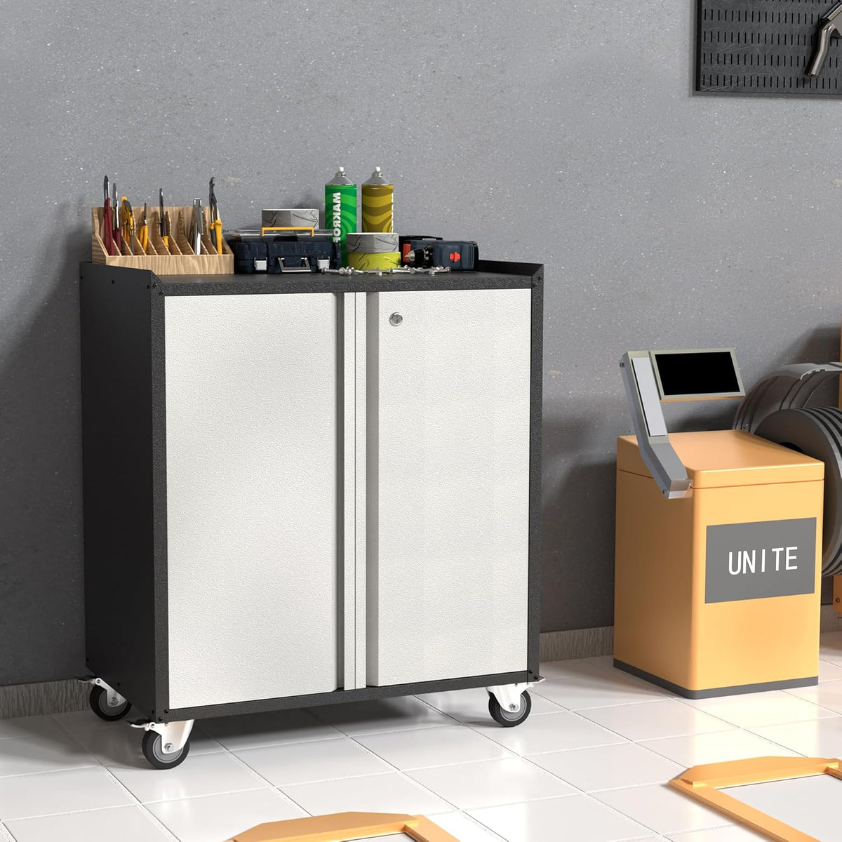 Gereedschapskast met wielen – Garagekast – Opbergkast – Werkplaatswagen – Metalen kast – 2 Deuren – Verstelbare Legplank