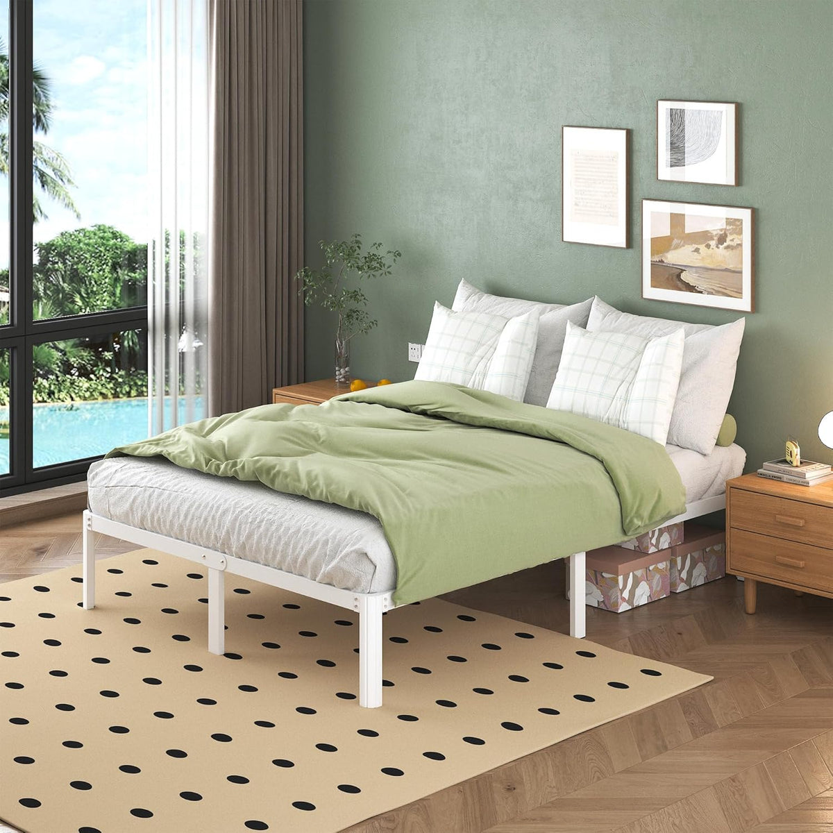 Lutown-Teen Metalen Bed 160x200 cm met Ronde Poten, Hoogte 36cm Dubbelbed Frame met Metalens Lattenbodem, Wit