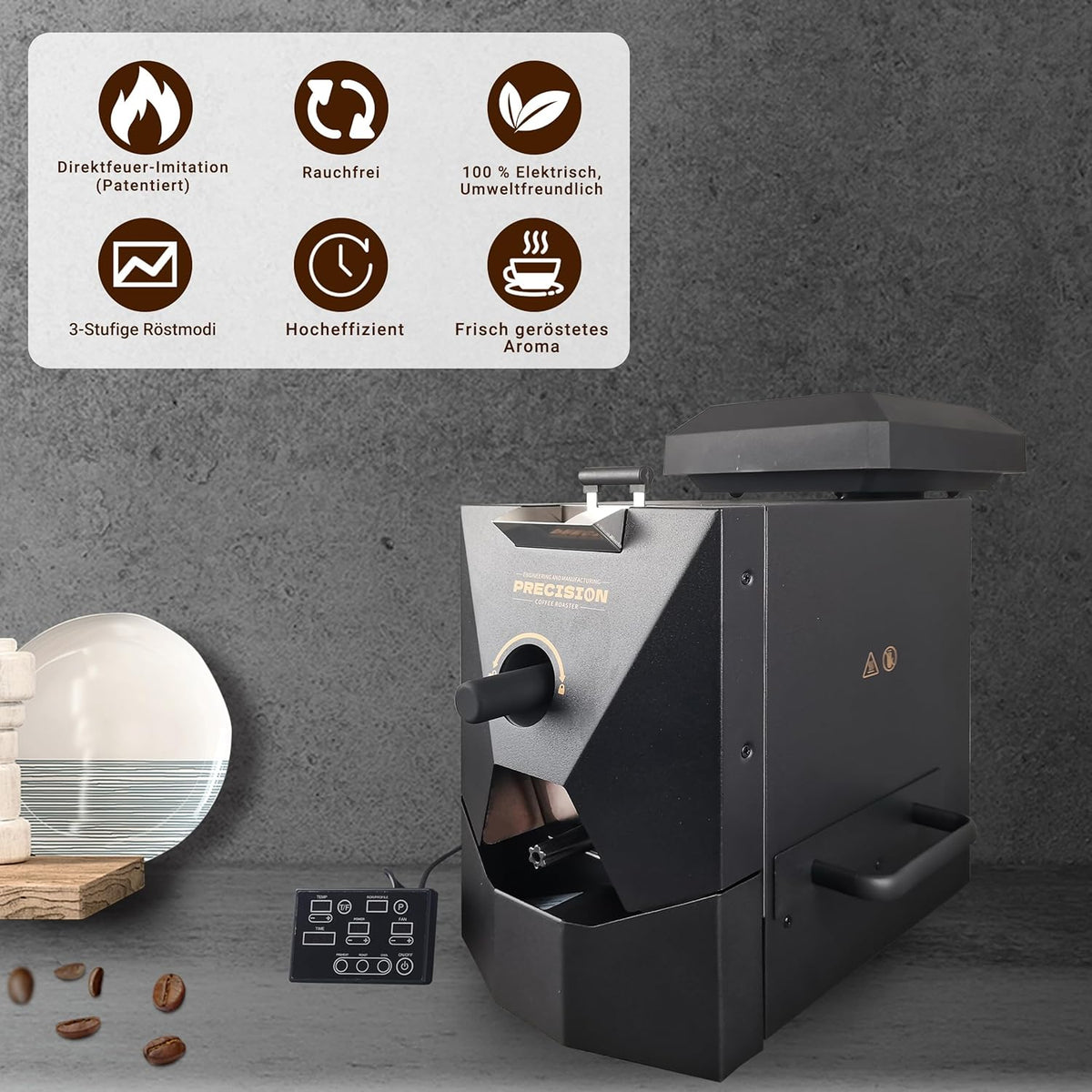 500g Elektrische koffiebrander – Ideaal voor thuisgebruik. Uitgerust met intelligente automatische functie, 9 vooraf ingestelde brandprofielen, handmatige modus, residuafzuigsysteem en koelfunctie