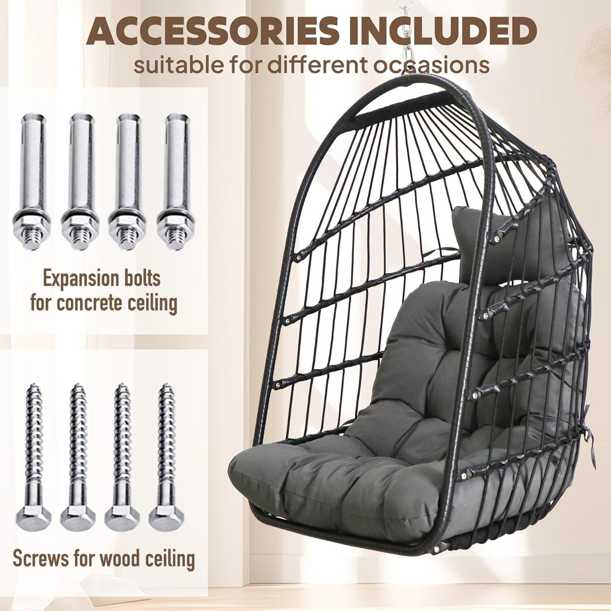 Chihee Eierstoel Opvouwbare Rieten Rotan Hangstoel Swing Stoel Indoor Outdoor Patio Rieten Stoel Hangmat Stoel met Rvs Opknoping Kit Chain Link UV Bestand Kussen Slaapkamer Balkon