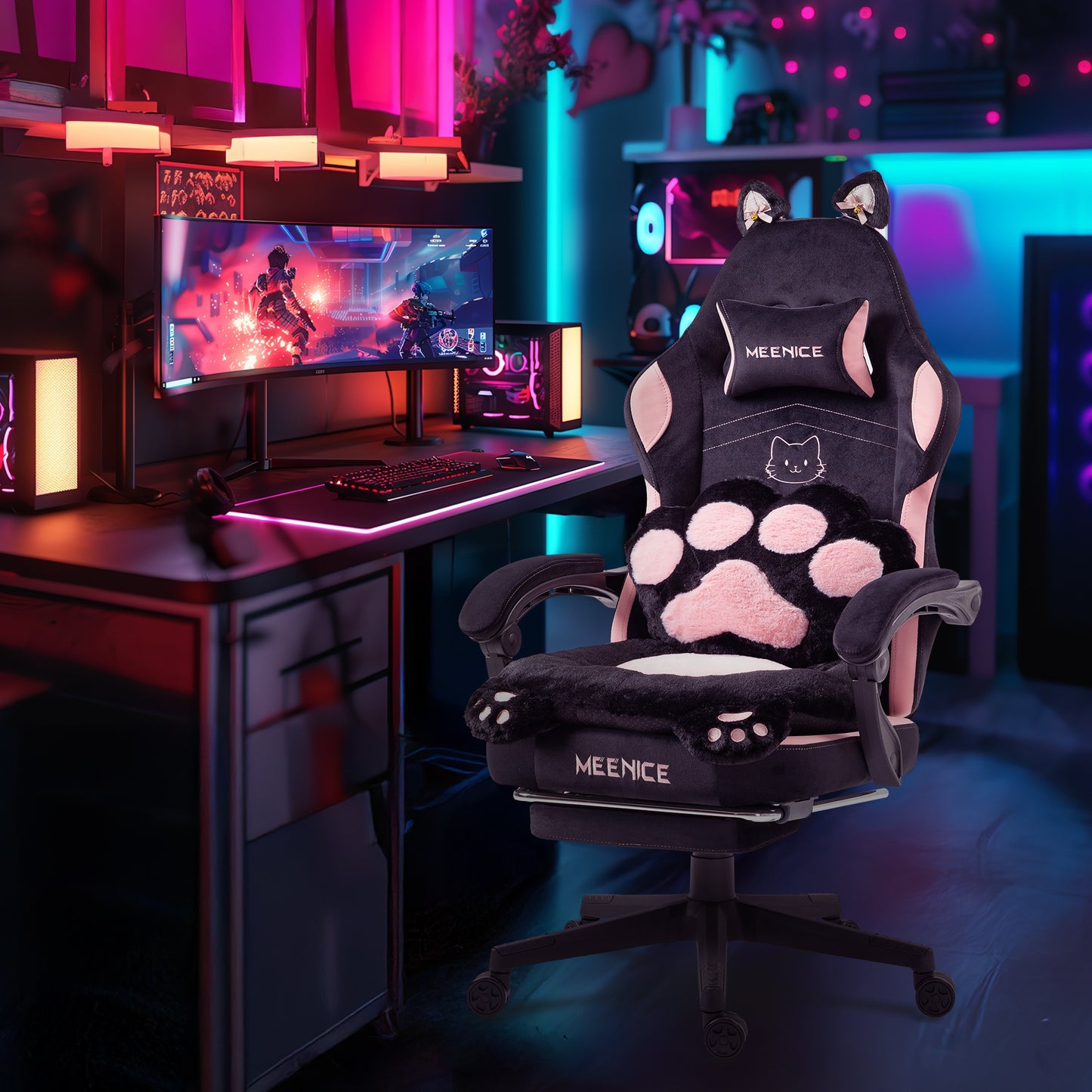 Gamingstoel – Bureaustoel – Computestoel – Gamestoel – Office Chair – Verstelbare Voetsteun – Ergonomisch Met Hoog Zitcomfort – Zwart/Roze