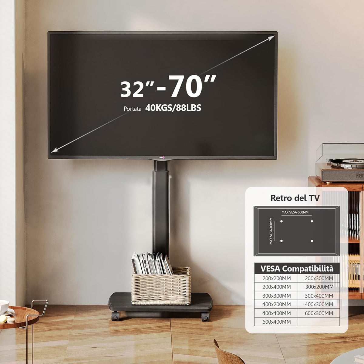 FITUEYES tv standaard verrijdbaar met hout-voet voor 32-55 65 70 inch, Draaibaar & Hoogte verstelbaar tv stand op wielen, universal vloerstandaard trolley met wheel Max VESA 600x400mm
