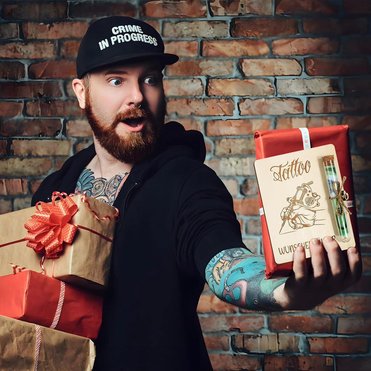 Tattoo cadeau van hout, tattoo, geldcadeau, verpakking met reageerbuisjes, grappig cadeau voor dames en heren, tattoo-liefhebbers, tatoeëerders