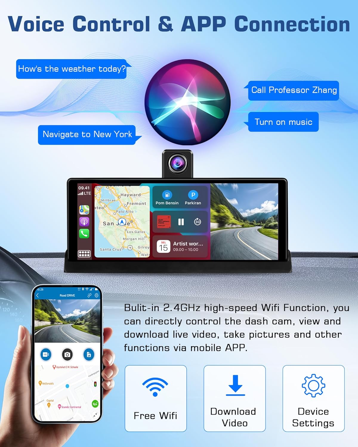 Exclusieve houder: Carplay display, Android autodisplay met 350° draaibare 4K dashcam, 10,26 inch draagbare driveplay-autoradio, Carplay Dual-Bluetooth rijnavigatie Siri G-oogle