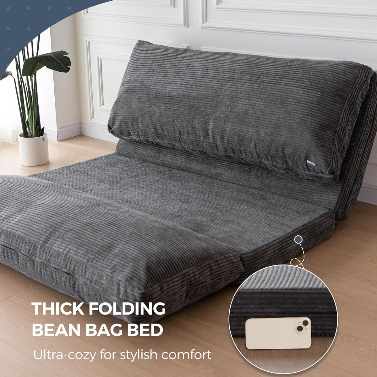MAXYOYO Opvouwbare corduroy sofa zitzak bedstoel schuimvulling extra dikke 4-voudige vloerbank matras voor volwassenen, inclusief afneembare en machinewasbare hoes voor woonkamer, donkergrijs, 76 x