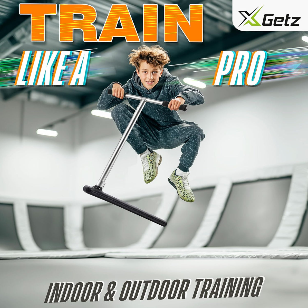PRO Trampoline stuntstep voor kinderen en volwassenen, veilig oefenen trucs binnen en buiten - lichtgewicht en duurzame freestyle scooter zonder wielen - verstelbaar stuur - zilver