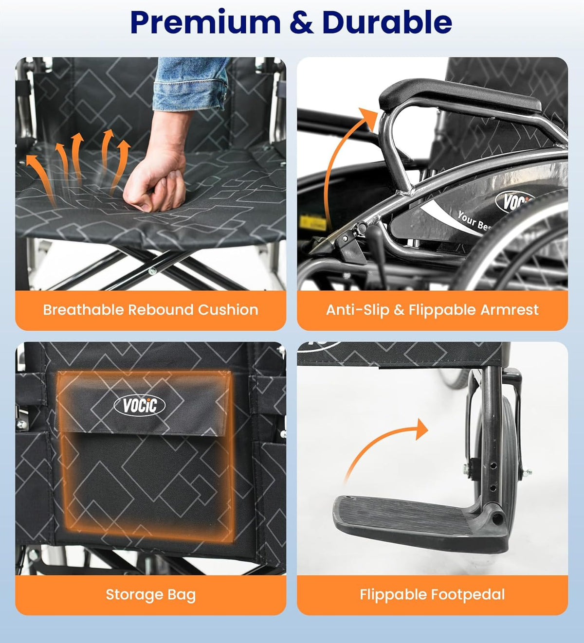 VOCIC U31 Rolstoel, licht, 150 kg, aluminium rolstoel, 17,5 kg, dubbele rem, rolstoel voor senioren, solide banden, 60 cm voor alle vloeren, grijs