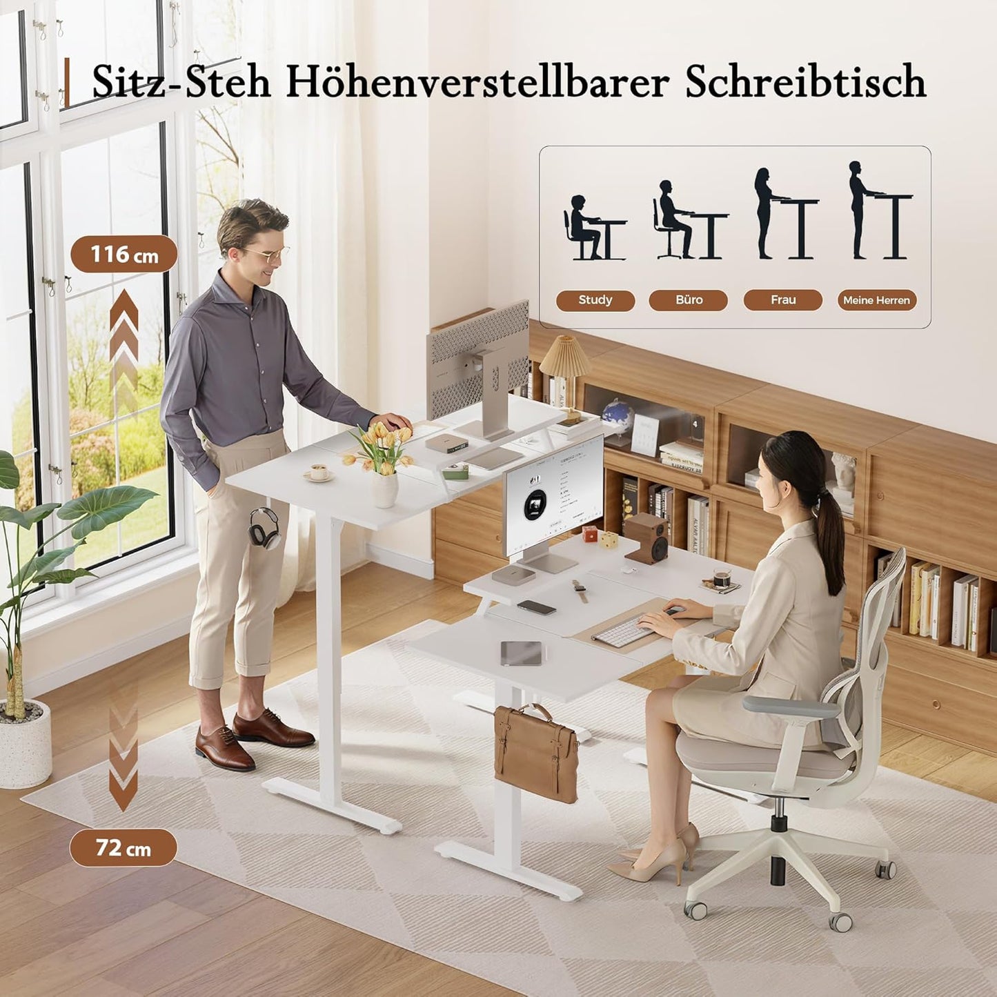 Klicelor In hoogte verstelbaar bureau met beweegbare monitorstandaard, 140x60cm, Zit-Sta bureaux met 2 geheugenknoppen, 3-delige tafelblad, Computertafel, Wit