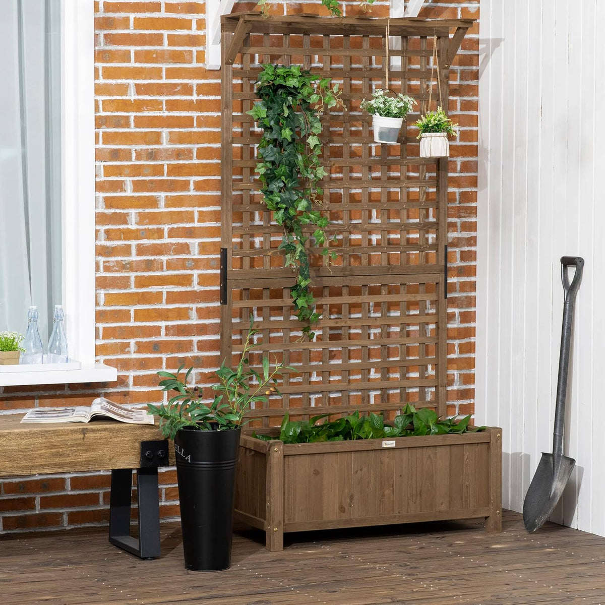 Outsunny Hochbeet Pflanzkasten mit Rankgitter,Spalier Pflanzkübel Blumenkasten Holz,Gartenspalier 90 x 45 x 183 cm für Garten Balcony Terrasse,Blumenkübel für Kletterpflanzen Korbpflanzen, Blumen - QUORE