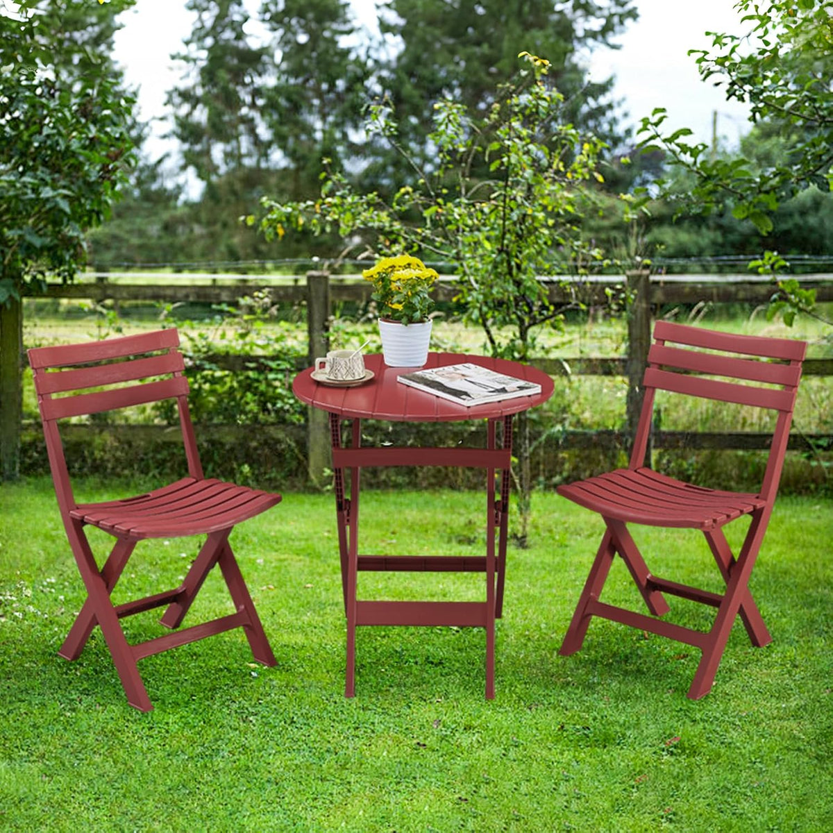Bistroset 3-delig, rood, balkonset 2 stoelen, 1 tafel, balkonmeubel, inklapbaar, voor binnen en buiten, met rugleuning, inklapbare terrasmeubelset voor balkon, tuin, zwembad