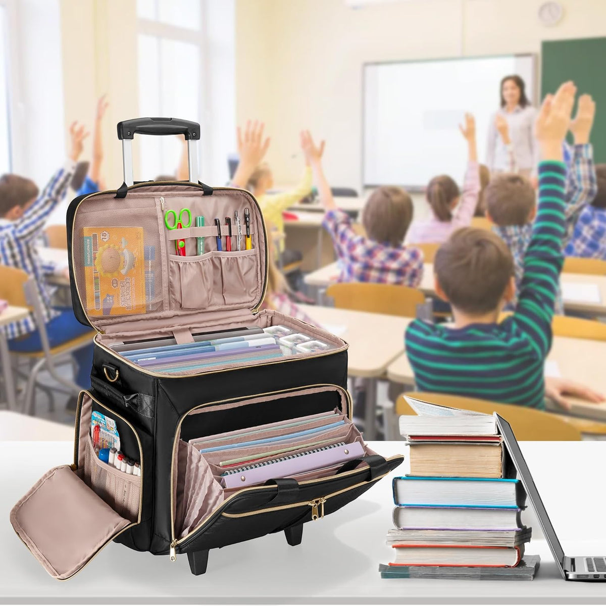 Rolling Teacher Bag with Wheels, Docententas met Afneembare Trolley, Docententas op wielen past voor 15. 6” Laptop en Docentenbenodigdheden, Zwart (Patent Design)