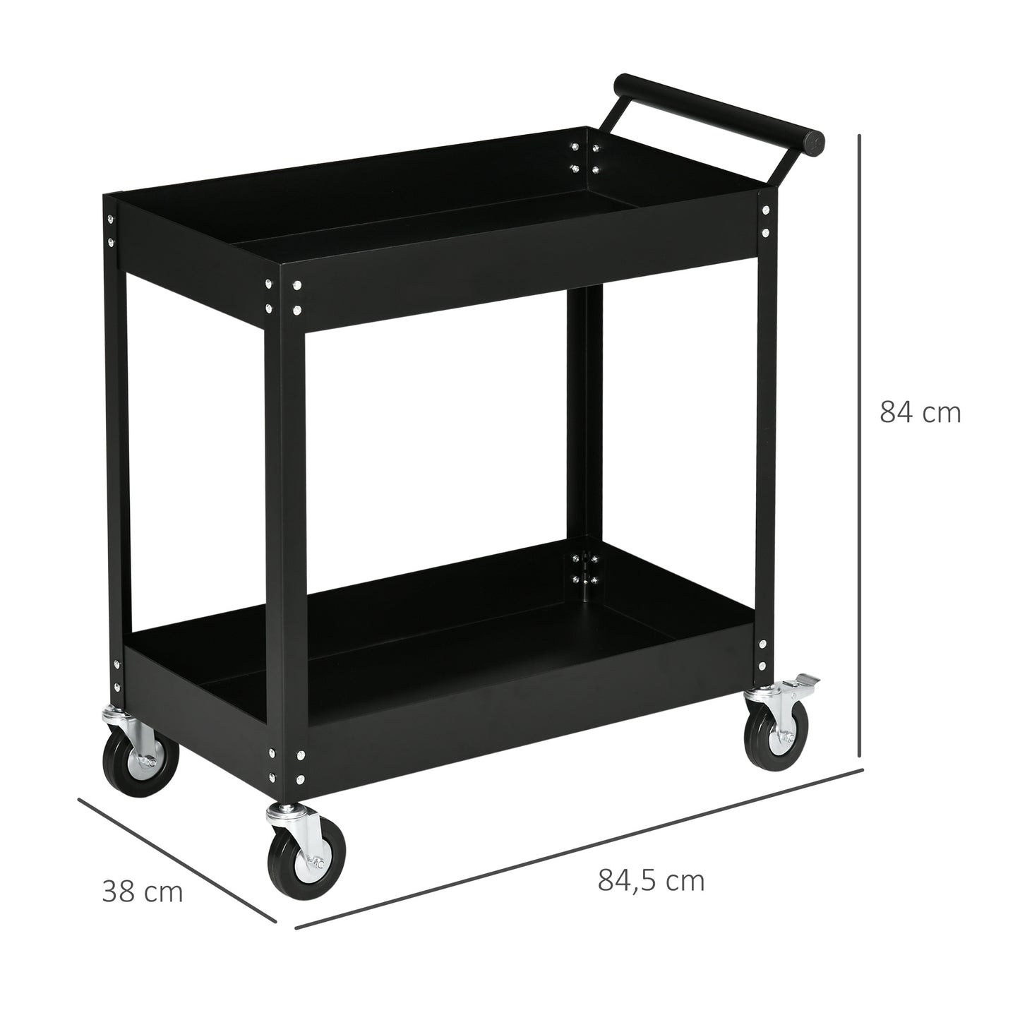 Werkplaatswagen – Gereedschapswagen – Werkplaatskar – Trolley – Opbergwagen – 2 Planken – Staal – Max. 150 kg – Zwenkwielen – Handgreep – Compact 84,5x38x84 cm – Zwart