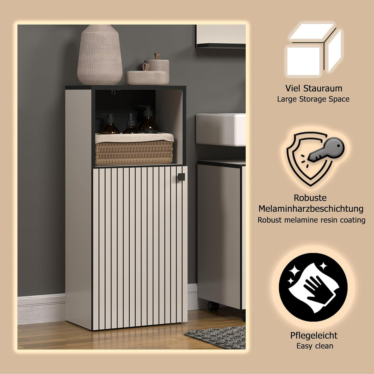 trendteam smart living - PureBliss - staande kast - Kashmir lichtgrijs - groeflook - 1 open vak + 1 plank - (BxHxD) 40 x 95 x 31 cm - badkamerkast met elegante metalen handgreep - QUORE