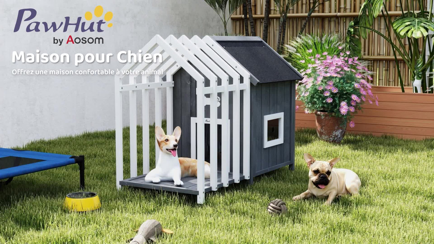 PawHut Outdoor Wooden Dog House with Terrace and Fence, Slatted Door, and Pointed Bitumen Roof, for Garden, Yard, Veranda, Patio, 106 x 62.5 x 80.5 cm, Gray