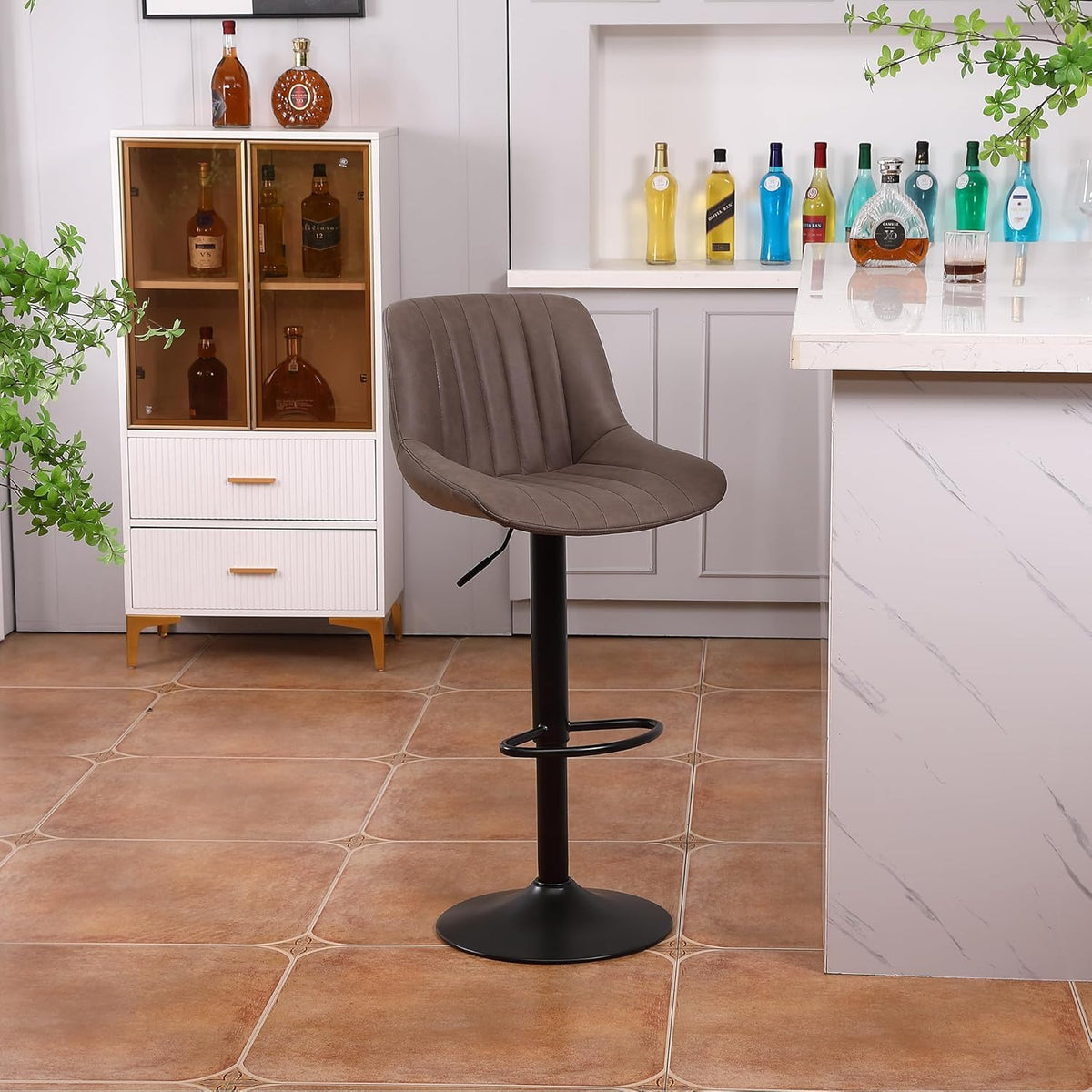 Youhauchair Barkrukken Set van 3, In Hoogte Verstelbare Barkruk met Rugleuning, PU Lederen Barstoelen Bar Stool, Moderne Barstoel Keuken Kruk, Bruin