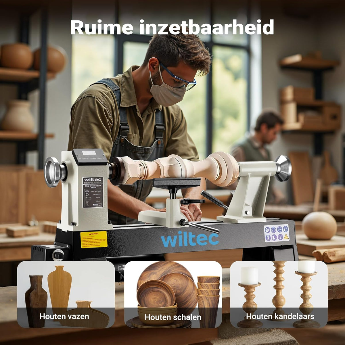 Wiltec houtdraaibank 550 W voor houtbewerking draaibank voor hout werkbank gereedschap variabele snelheid 650-3800 rpm 3 standen draaimachine houtmachine houtwerkbank