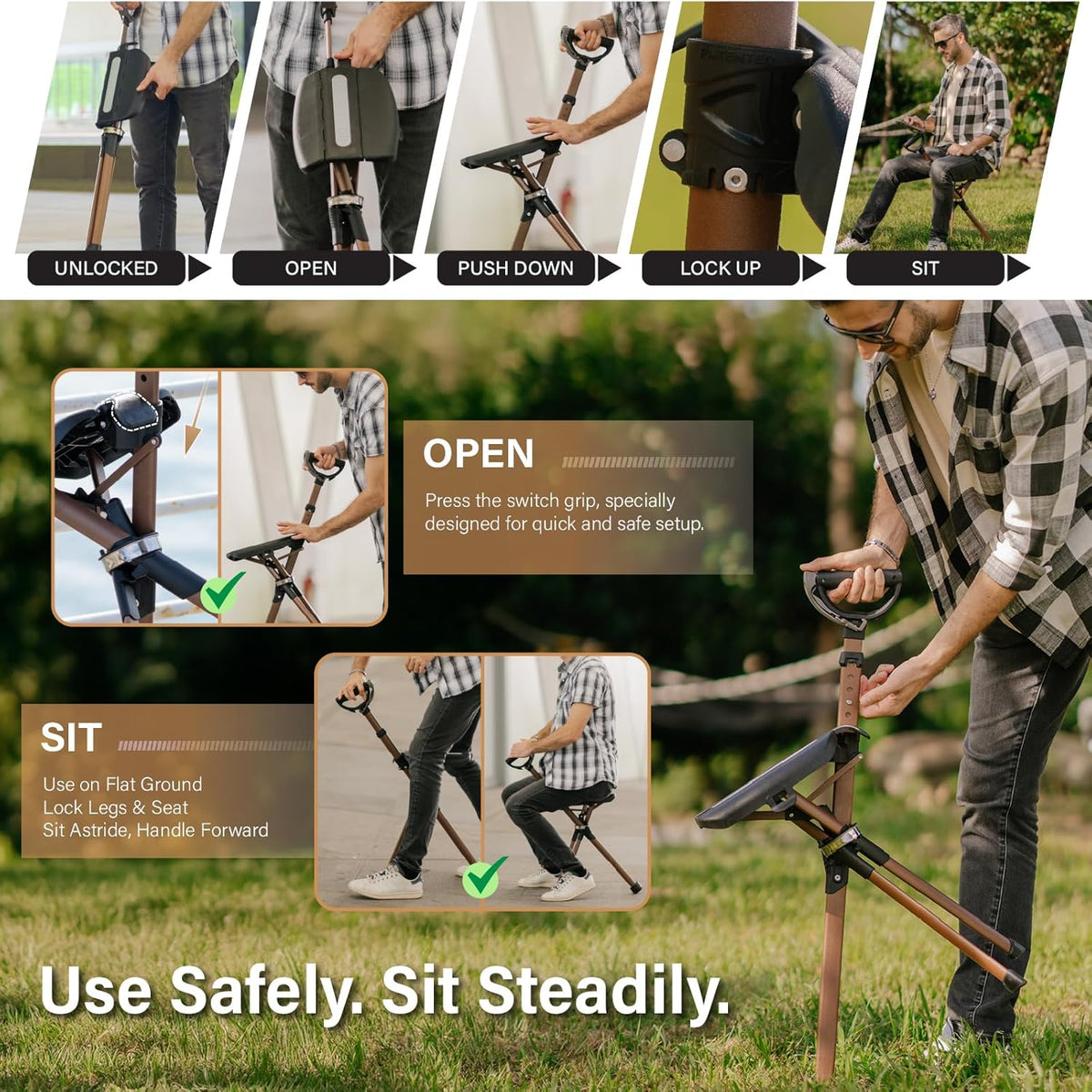 Ta-Da Chair Serie 2 PRO MAX – wandelstok met zitje, licht aluminium frame & stevige klapkruk (tot 182 kg), opvouwbaar ontwerp, ideaal voor wandelen en outdooractiviteiten in hoogte verstelbaar
