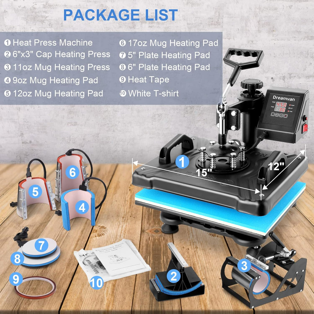 8-in-1 hittepers, 30 x 38 cm, textielsublimatiemachine, warmtepers, 360 graden draaibaar, voor doe-het-zelf t-shirts/kop/hoed/borden/pet