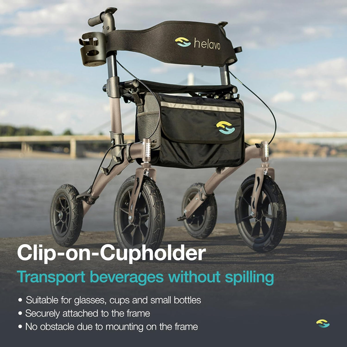 Helavo Rollator met luchtbanden voor buiten - Opvouwbaar en licht met zitfunctie, aluminium outdoor walker - Inklapbaar voor buitengebied