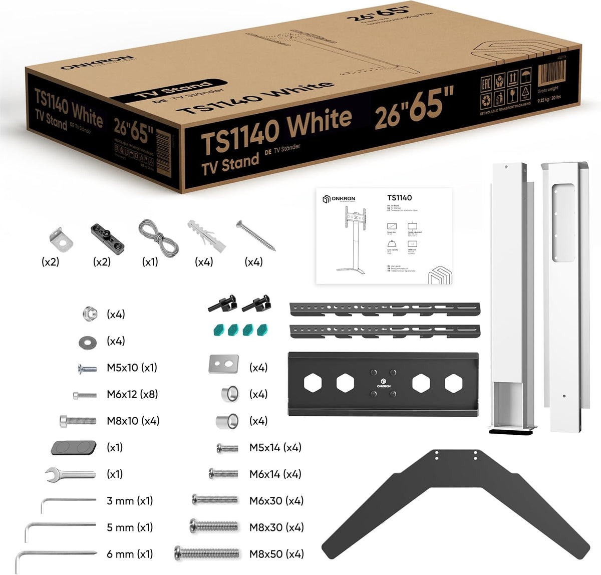 ONKRON TV vloerstandaard voor 26-65 inch beeldscherm tot 35 kg, universele tv-standaard in hoogte verstelbaar, VESA 100 x 100-400 x 400, standaard televisiestatief, wit TS1140-W
