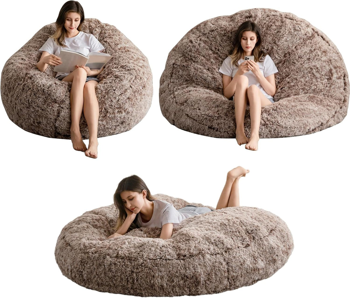 MAXYOYO Gigantische zitzakbed - ronde zitzakstoel - grote bank met lange hoes van imitatiebont en pluizige vulling inbegrepen voor volwassenen, stellen, gasten (koffiebruin, 150 x 150 cm)