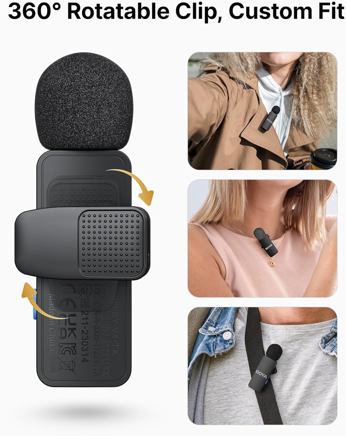 BOYA BY-V4U Microfoon Draadloos voor iPhone 15/16, Android Smartphone, 4-kanaals Mono Uitgang, Mini Microfoon, Draadloze Lavalier Microfoon Type-C, Ruisonderdrukking, 360° Clip Revers Microfoon voor