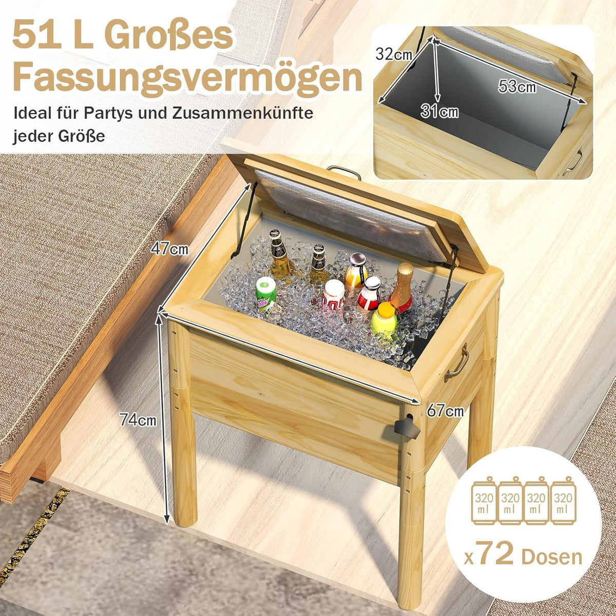 FANTASK Terrassenkoeler, hout, 51 l, rustieke eistrui met 3 handgrepen, flesopener en afvoersluiting, outdoor-terrassenkoeler voor BBQ, cookouts, tuin, terras, zwembad, feest, 67 x 47 x 74 cm