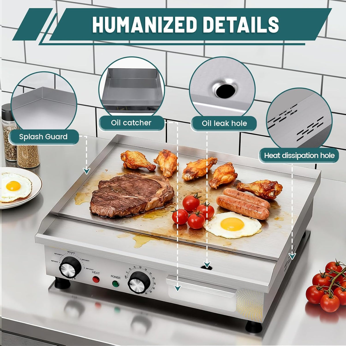 Elektrische grillplaat, professionele gastro elektrische grillplaat met 45 cm grilloppervlak, tafelgrill met timer
