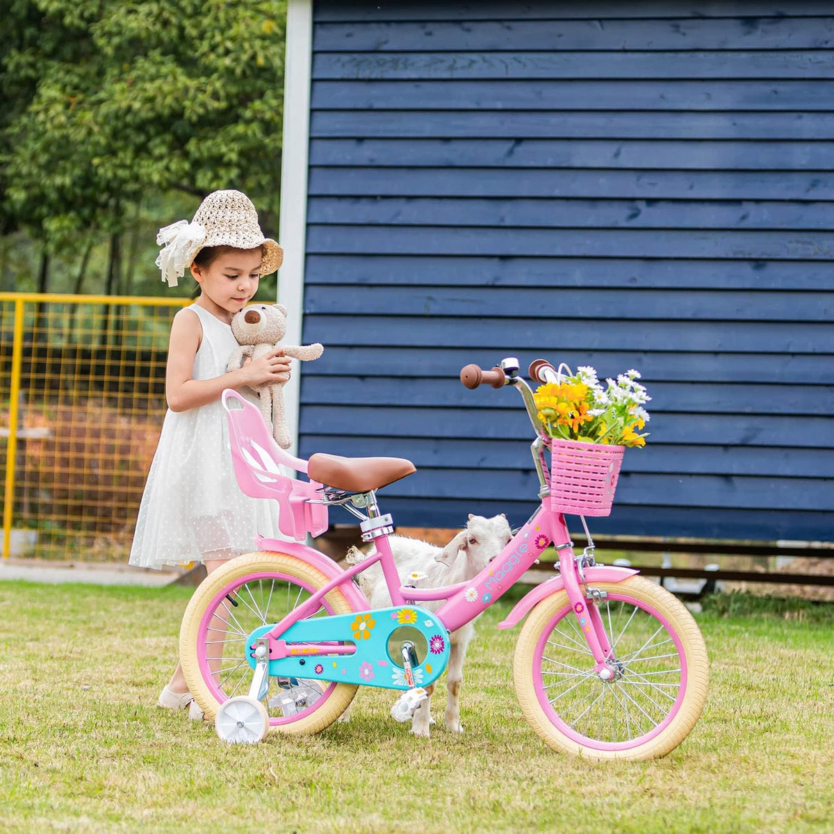 Glerc Maggie Meisjesfiets, 12-20“, kinderfiets voor 2-13 jaar oude kinderen, prinsessenstijl, kinderfiets met poppenzitje & mand en trainingswielen, meerdere kleuren