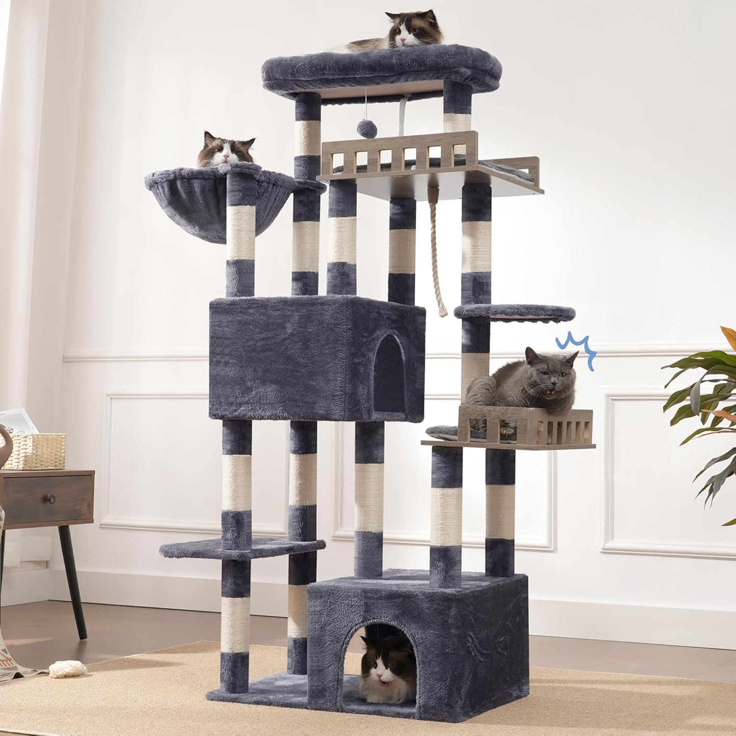 Large Cat Scratching Post for Large Adult Cats, 174 cm Cat Scratching Post with Hammock, 2 Large Sitting Bars, 2 Cat Caves, 15 Scratching Bars, Smoke Grey GCT033G - QUORE