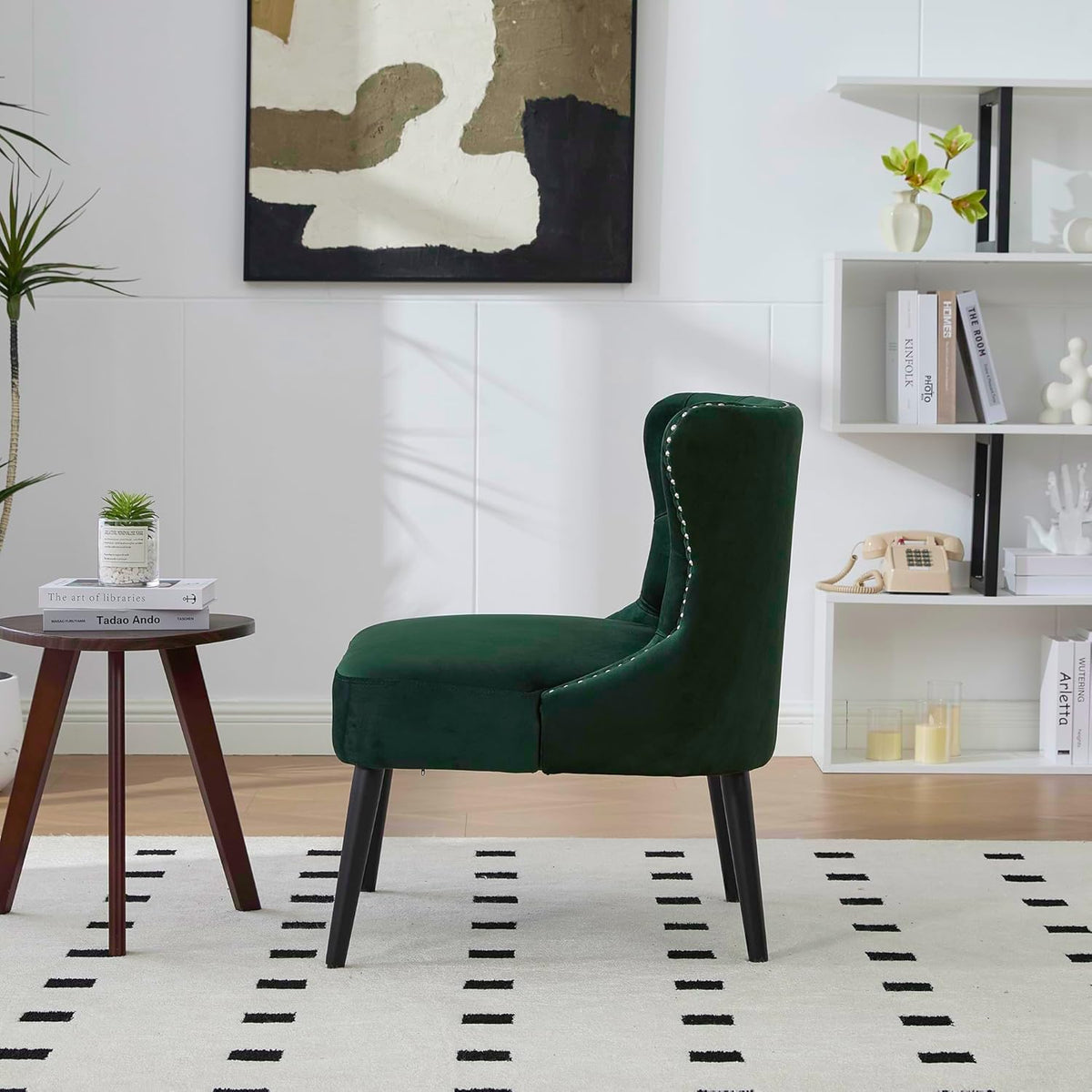 Fluwelen fauteuil, stoel zonder armleuningen met klinknagels, poten van massief hout, voor woonkamer, slaapkamer en kantoor, smaragd, 65 x 61 x 80 cm