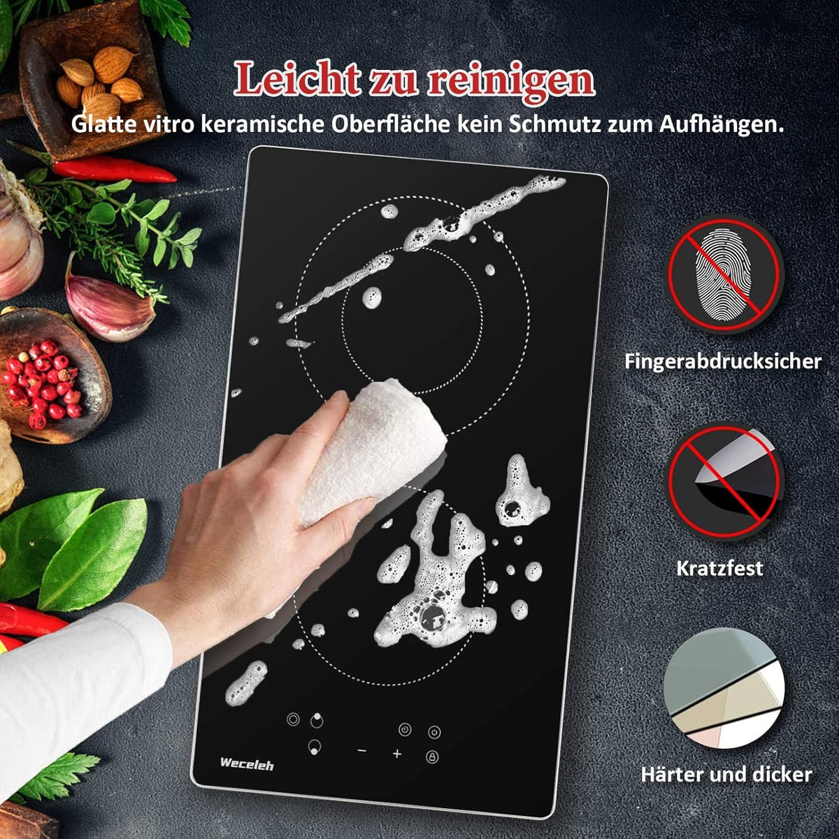 Ingebouwde keramische kookplaat – Elektrische kookplaat – Domino kookplaat – 2-zone kookplaat – Ceramische kookplaat – Compact 28 cm – Touchbediening – Aluminium frame