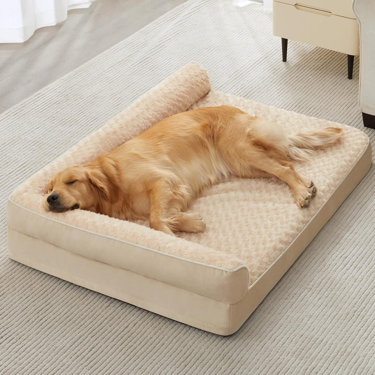 Orthopedisch Hondenbed – Hondenmand – Huisdierbed – Sofa Voor Honden – Grote Hond – Extra Comfort – Waterdicht Met Afneembare Wasbare Hoes – Anti-Slip Onderzijde – Beige 107x76x19 cm