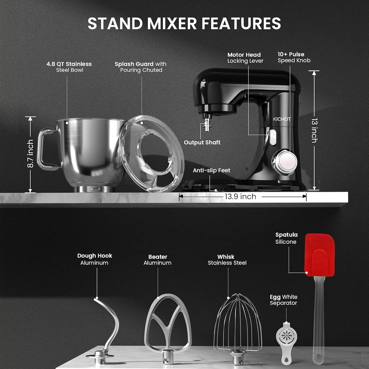 Voedselmixer, 10+P Speed 1300W Tilt-Head Stand Mixer voor Bakken, Elektrische deegmixer met deeghaak, garde, klopper, 4,5L kom met handvat, spatbescherming - vaatwasmachinebestendig (zwart)