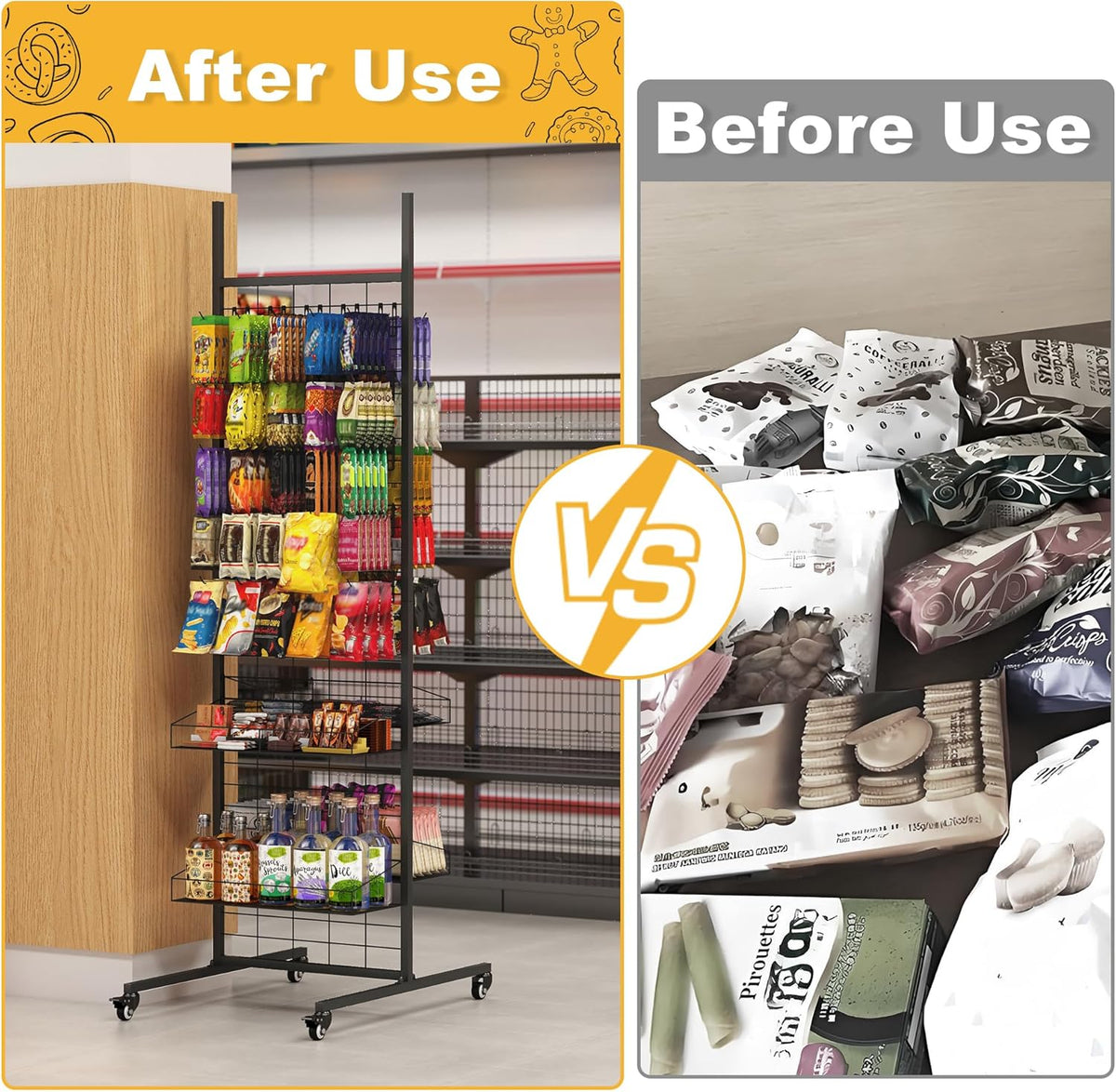 Pegboard displaystand – Displayrek – Winkelrek – Presentatierek – Displaystandaard – Zwart, vrijstaand model met wielen – Inclusief 50 haken en 4 planken – 70 x 51 x 178 cm