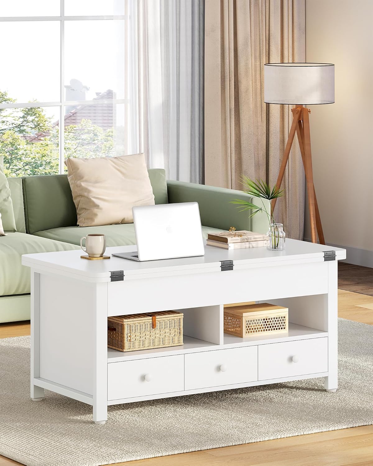 Hzuaneri Coffee Table, 3-in-1 Height Adjustable Folding Top Coffee Table, with 3 Drawers Large Storage Space, 100×50×47cm Extendable (100×63cm) for Living Room/Office, White CT22203W