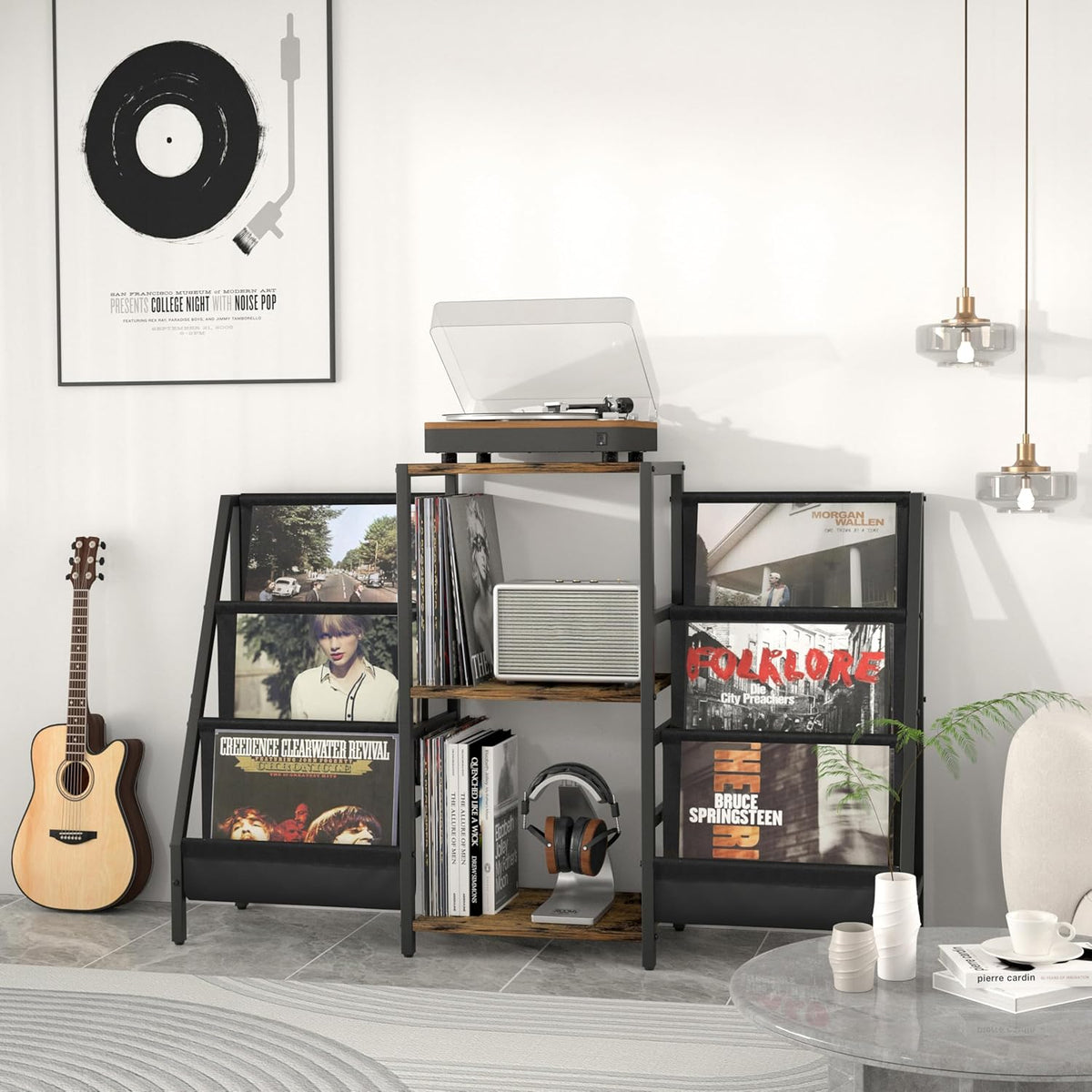 Bikoney Platenkast met Opbergruimte voor Platenspeler – Tafelkast voor Draaitafel met Display, Geschikt voor 280 LP's, Media Console met CD Rek voor Vinyl, Stereo & Draaitafel
