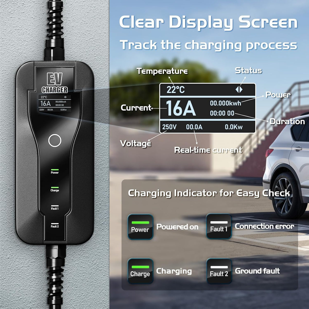 5M EV Oplader Type 2, Type 2 EV-Oplader, 3.6kW Elektrische Voertuiglader, 8-16A Schakelbare Stroom, met Controleerbare Digitale Display, Elektrische Auto Oplaadkabel, met Zak (SAE J1772)