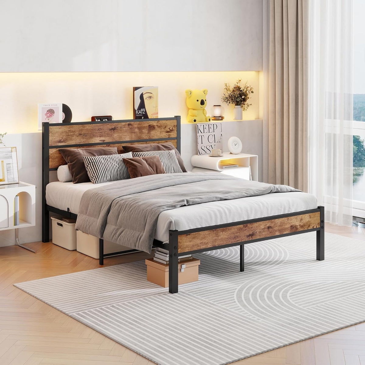 Bed 120x200, Bed frame Kinderbed 120x200 met lattenbodem van metaal, Bedframe met houten hoofdeinde en opbergruimte eronder, Gastenbed Tweepersoonsbed, Robuust en Stabiel Bed Frame, Bruin