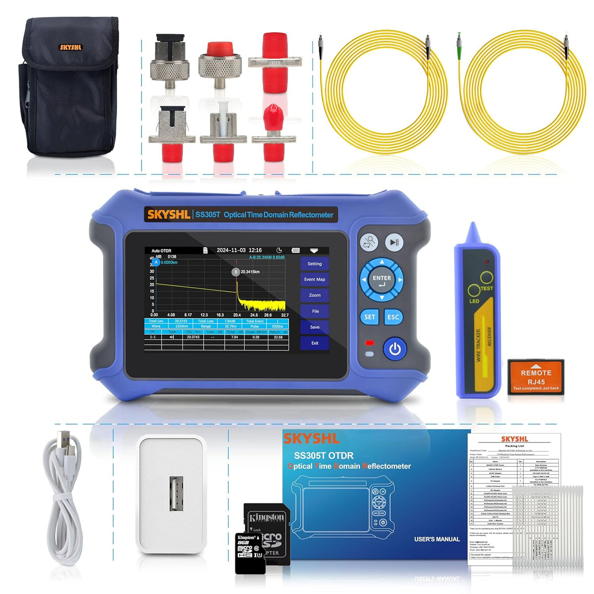 1310nm/28dB+1550nm/26dB SM Glasvezel OTDR met OPM+10G OPM+OLS+VFL+Evenementen Kaart+Optische Verliestest+Multi-vezel Testen+RJ45-test Vezeltester Compatibel met APC&UPC SC+FC+ST+LC-SS305T-2A1