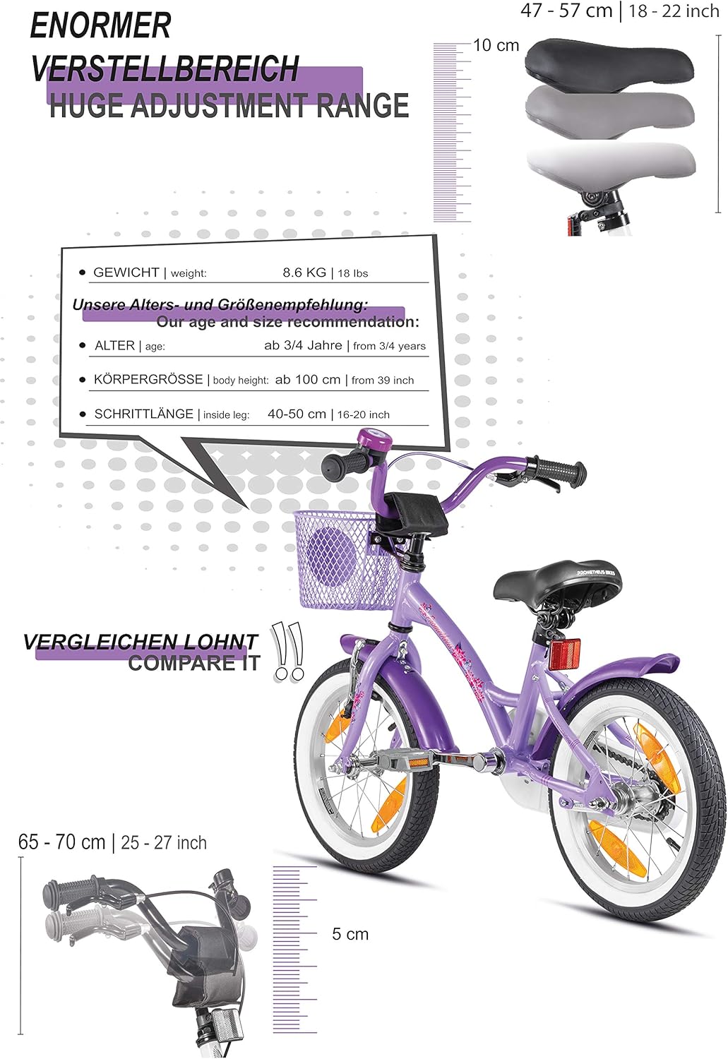 PROMETHEUS BICYCLES kinderfiets 14 inch meisjes- fiets meisje van 4 jaar oud met zijwieltjes terugtraprem Meisjesfiets 14 inch in paars violet