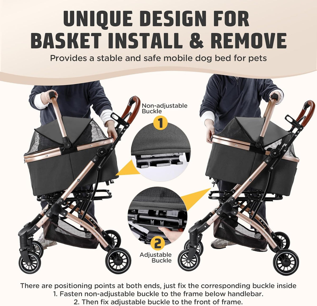 Gimars 4 in 1 Opvouwbare Kinderwagen voor Kleine/Middelgrote Honden en Katten. Draagt Tot 44 Lbs Met Afneembare Reismand Zonder Rits, 360° Voorwielen, Rem, Regenhoes, Bekerhouder, Opbergmand, Zwart