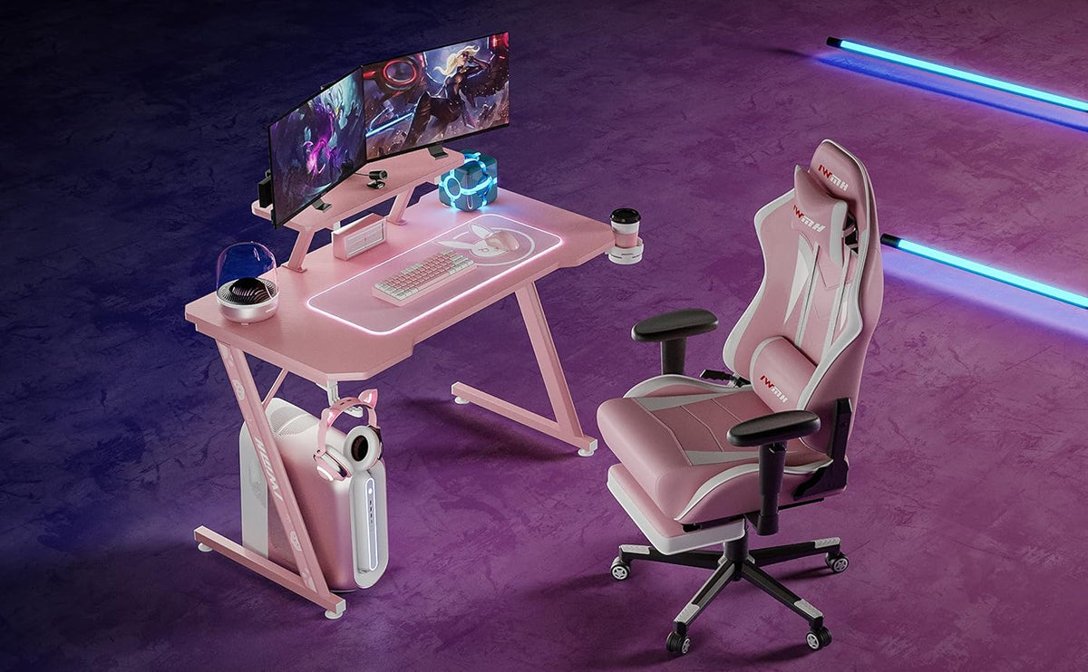 Intimate WM Heart Gaming Bureau, grote ergonomische gaming computer bureau, koolstofvezel tafelblad E-Sports bureau met verstelbare monitor plank, draaibare oortelefoon, beker, handvat houders, roze