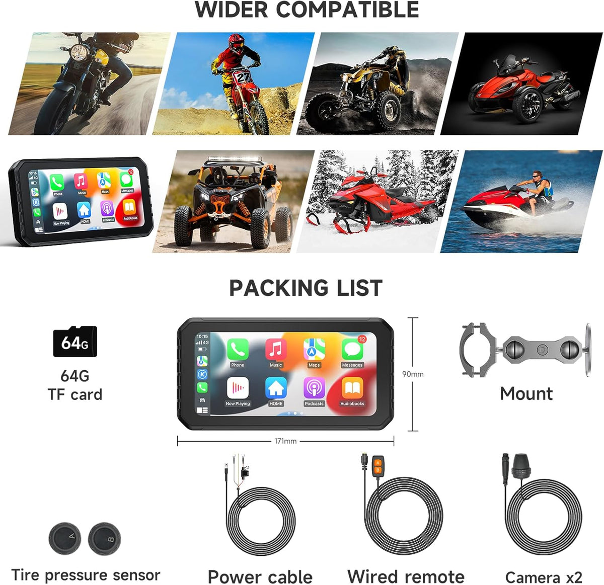 Spedal CL873 Motorfiets CarPlay met 1080p dubbele camera's, 6,25 inch draadloos CarPlay & Android Auto waterdicht scherm, ondersteuning Dual Bluetooth, Auto GPS, Siri, Assistent
