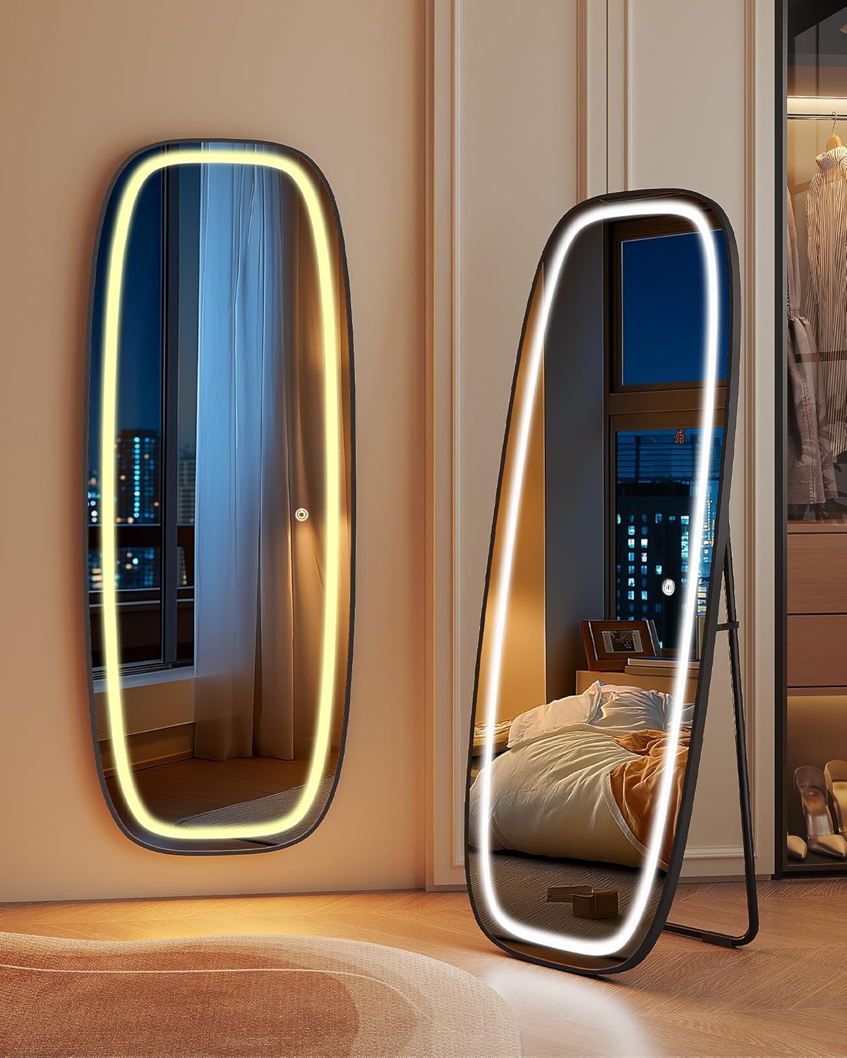 Hzuaneri DM41801B Full Body Mirror with Lighting, 160 x 50 cm, Curved Standing Mirror, Wall Mirror, 3 Light Colours, Adjustable Brightness, for Bedroom and Living Room, Black