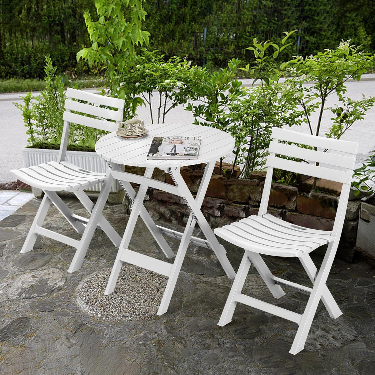 Plastic opvouwbare bistroset, 3-delige terrasbistroset, draagbare binnentafel en stoelen met rugleuning, opvouwbare terrasmeubelset voor balkon, veranda, achtertuin, tuin, zwembad (wit)